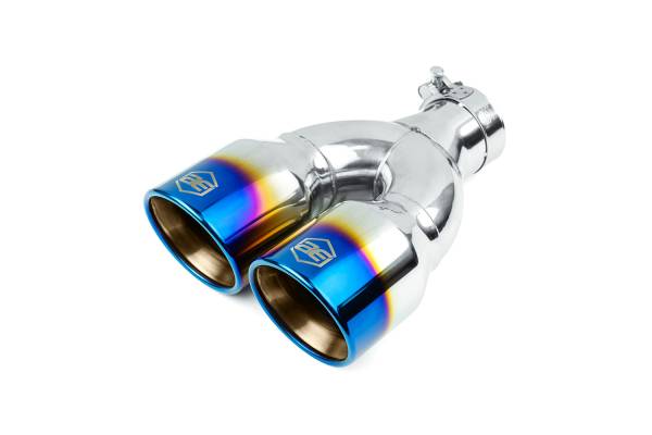 AERO Exhaust - AERO Exhaust - 10122 Dual Blue Flame Double Wall Exhaust Tip - 3.5" Angle Cut Rolled Edge Outlet / 2.25" Inlet / 9.75" Length - Non-Staggered - Image 1