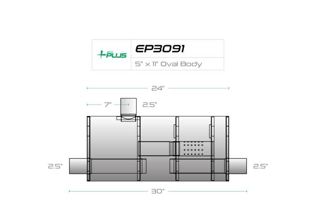 Eco Plus - Eco Plus - EP3091 5" x 11" Oval Body T-Style Muffler - 2.5" Side Body Inlet  In / 2.5" Dual (Opposite Caps) Out - Image 2