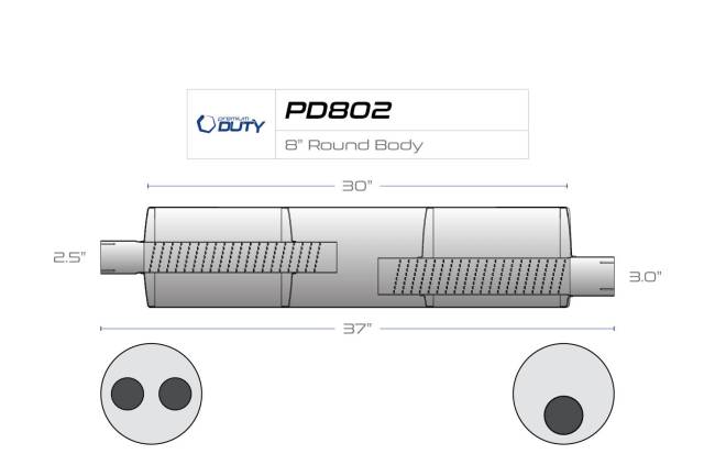 Premium Duty - Premium Duty - PD802 8" Round Body Muffler - 2.5" Dual In 3" Offset Out - Image 3